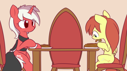 Size: 1920x1080 | Tagged: safe, artist:dshou, oc, oc only, oc:shooting star, oc:violet petal, pegasus, pony, unicorn, butter, chair, clothes, duo, eating, female, food, herbivore, hoof hold, mare, pancakes, simple background, sitting, table