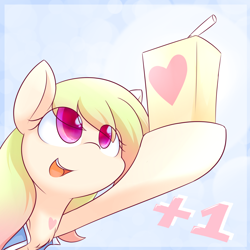 Size: 1920x1920 | Tagged: safe, artist:dshou, oc, oc only, oc:love note, earth pony, pony, bust, chest fluff, clothes, earth pony oc, eye clipping through hair, female, holding, juice, juice box, looking up, mare, open mouth, portrait, simple background, smiling, solo