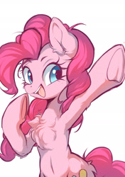Size: 1535x2185 | Tagged: safe, artist:starbow, part of a set, pinkie pie, earth pony, pony, g4, belly, belly button, bipedal, chest fluff, cute, diapinkes, eyebrows, female, mare, open mouth, open smile, simple background, smiling, solo, underhoof, white background