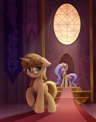 Size: 1516x1920 | Tagged: safe, artist:emeraldgalaxy, princess celestia, oc, alicorn, pony, unicorn, g4, commission, duo, eyebrows, female, floppy ears, folded wings, glasses, horn, indoors, leaving, looking back, mare, raised hoof, sad, throne room, unicorn oc, wings