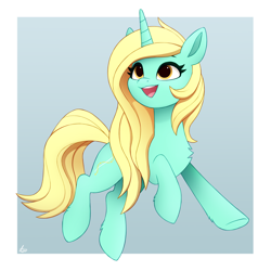 Size: 2000x2000 | Tagged: safe, artist:luminousdazzle, oc, oc only, oc:rain string, pony, unicorn, chest fluff, female, high res, horn, mare, open mouth, open smile, passepartout, simple background, smiling, solo, unicorn oc