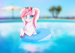 Size: 2670x1902 | Tagged: safe, artist:s410, oc, oc:fuufi, pony, unicorn, blurry background, colored hooves, glasses, horn, inner tube, pink mane, pool toy, ribbon, swimming pool, unicorn oc, wearing inflatable