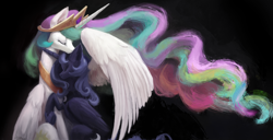 Size: 4000x2052 | Tagged: safe, artist:flvski, princess celestia, princess luna, alicorn, pony, g4, covering, crown, cute, cutelestia, duo, duo female, ethereal mane, eyes closed, female, folded wings, height difference, high res, hoof shoes, horn, hug, impossibly long mane, jewelry, large wings, long horn, long mane, lunabetes, mare, one wing out, peytral, princess shoes, regalia, royal sisters, siblings, sisters, sitting, tall, wing covering, wings