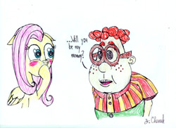 Size: 1049x762 | Tagged: safe, artist:endlesswire94, fluttershy, human, pegasus, pony, g4, blushing, carl wheezer, child, crack shipping, crossover, crossover shipping, dialogue, duo, duo male and female, english, female, gasp, male, mare, mommy kink, shipping, shocked, shocked expression, simple background, text, the adventures of jimmy neutron: boy genius, traditional art, wat, white background