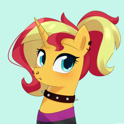 Size: 750x750 | Tagged: safe, artist:riouku, sunset shimmer, pony, unicorn, g4, alternate hairstyle, alternate universe, blue background, blushing, choker, clothes, commission, ear piercing, earring, female, jewelry, lip piercing, mare, piercing, ponytail, shirt, simple background, solo, spiked choker, t-shirt