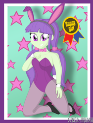 Size: 3024x4032 | Tagged: safe, artist:cyber-murph, starlight, human, equestria girls, g4, background human, bow, bunny ears, bunny girl, bunny suit, bunny tail, clothes, female, hair bow, kneeling, leotard, looking at you, pantyhose, passepartout, pigtails, purple leotard, sexy, signature, smiling, solo, tail