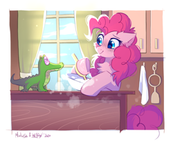 Size: 3000x2454 | Tagged: safe, artist:kejifox, artist:mirtash, gummy, pinkie pie, alligator, earth pony, pony, g4, baking, batter, bowl, cheek fluff, chest fluff, collaboration, colored pupils, curtains, cute, diapinkes, duo, ear fluff, eyebrows, female, food, freckles, high res, hoof-friendly tool, indoors, kitchen, looking at each other, looking at someone, male, mare, mixing, mixing bowl, smiling, underhoof, window, wooden spoon
