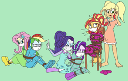 Size: 3951x2516 | Tagged: safe, artist:bugssonicx, applejack, fluttershy, rainbow dash, rarity, starlight glimmer, sunset shimmer, human, equestria girls, g4, angry, annoyed, barefoot, bondage, bound and gagged, cellphone, chair, cloth gag, clothes, doppelganger, feet, footed sleeper, footie pajamas, gag, glare, green background, help us, high res, human starlight, human sunset, impatient, nightgown, onesie, over the nose gag, pajamas, phone, pigtails, ponytail, rainbond dash, simple background, sleepover, slippers, slumber party, smug smile, socks, struggling, tied to chair, tied up