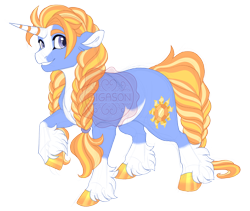 Size: 3199x2700 | Tagged: safe, artist:gigason, oc, oc only, oc:sun stone, pony, unicorn, blaze (coat marking), braid, braided pigtails, braided tail, coat markings, colored hooves, countershading, facial markings, female, gradient hooves, grin, high res, hoof polish, horn, mare, obtrusive watermark, offspring, pale belly, parent:rockhoof, parent:sunshine smiles, pigtails, purple eyes, raised hoof, simple background, smiling, socks (coat markings), solo, standing, striped horn, tail, transparent background, unicorn oc, unshorn fetlocks, watermark