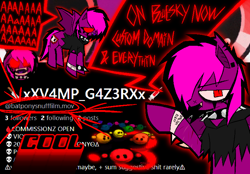 Size: 1598x1110 | Tagged: safe, artist:xxv4mp_g4z3rxx, oc, oc:violet valium, bat pony, pony, :3, advertisement, arrow, bags under eyes, clothes, collar, eyeliner, fangs, flying, full body, glaggle, hoodie, hospital band, makeup, pointing, red eyes, rubber band, scar, smiling, social media, solo, speech bubble, spiked collar, spiked wristband, tail, text, two toned mane, two toned tail, waist up, wristband
