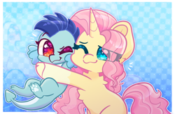 Size: 2750x1801 | Tagged: safe, artist:moccabliss, fluttershy, princess ember, oc, oc:amaryllis, dragon, pony, unicorn, amaryllisverse, g4, baby dragon, baby ember, chest fluff, cute, emberbetes, heart, heart eyes, hug, one eye closed, passepartout, race swap, shyabetes, unicorn fluttershy, wingding eyes, younger