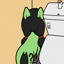 Size: 1500x1500 | Tagged: safe, artist:scandianon, oc, oc only, oc:filly anon, earth pony, pony, bathroom, corner, female, filly, foal, pigtails, ponified animal photo, solo, toilet, trash can