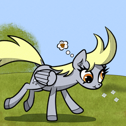 Size: 1500x1500 | Tagged: safe, artist:scandianon, derpy hooves, pegasus, pony, g4, female, food, grass, mare, muffin, outdoors, running, solo, thought bubble