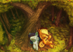 Size: 3000x2124 | Tagged: safe, artist:vultraz, applejack, coloratura, earth pony, pony, g4, applejack's hat, cowboy hat, crossed hooves, crossed legs, cute, drawthread, duo, duo female, eyes closed, female, forest, grass, guitar, hat, high res, intertwined trees, jackabetes, lesbian, mare, musical instrument, nature, open mouth, outdoors, pear tree, rara, rarabetes, requested art, ship:rarajack, shipping, singing, tree, under the tree