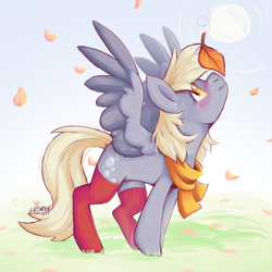 Size: 2000x2000 | Tagged: safe, artist:lionbun, derpy hooves, pegasus, pony, g4, autumn, blushing, clothes, cute, female, high res, leaf, mare, scarf, socks, solo, spread wings, wings