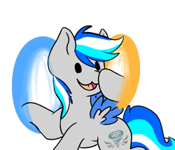 Size: 1570x1352 | Tagged: safe, artist:noxi1_48, oc, oc:hawker hurricane, pegasus, pony, daily dose of friends, boop, colored wings, now you're thinking with portals, open mouth, open smile, portal, self-boop, simple background, smiling, solo, transparent background, two toned wings, wings