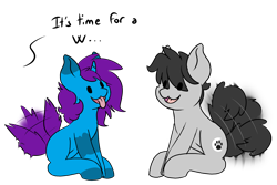 Size: 3000x2000 | Tagged: safe, artist:noxi1_48, oc, oc only, oc:creatio, earth pony, pony, unicorn, daily dose of friends, behaving like a dog, cute, duo, eye clipping through hair, happy, high res, open mouth, open smile, simple background, sitting, smiling, tail, tail wag, tongue out, transparent background