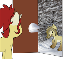 Size: 2418x2000 | Tagged: safe, artist:noxi1_48, oc, oc only, oc:treble pen, earth pony, pony, unicorn, daily dose of friends, door, doorway, duo, high res, outdoors, portal, simple background, snow, snowball, standing, transparent background, tree