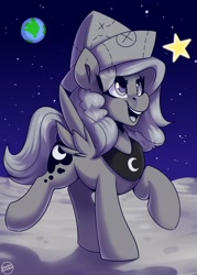 Size: 1500x2100 | Tagged: safe, artist:shadowreindeer, princess luna, alicorn, pony, moonstuck, g4, cartographer's cap, female, filly, hat, night, night sky, on the moon, open mouth, open smile, sky, smiling, solo, space, spread wings, standing, wings, woona, younger