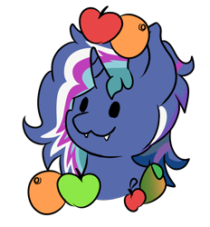Size: 1232x1328 | Tagged: safe, artist:noxi1_48, oc, oc only, pony, unicorn, daily dose of friends, apple, bust, fangs, food, herbivore, orange, pear, simple background, solo, transparent background