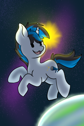 Size: 2000x3000 | Tagged: safe, artist:noxi1_48, oc, oc only, oc:solar gizmo, pony, unicorn, daily dose of friends, eye clipping through hair, high res, horn, male, planet, solo, space, sun, tail, two toned mane, two toned tail, unicorn oc, zero gravity