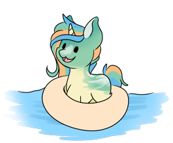 Size: 2286x1888 | Tagged: safe, artist:noxi1_48, oc, oc only, oc:sunny sandbar, pony, unicorn, daily dose of friends, colored, concave belly, countershading, dot eyes, female, high res, horn, inner tube, mare, open mouth, open smile, pool toy, simple background, smiling, solo, transparent background, unicorn oc, water