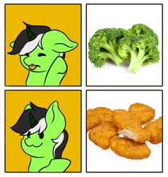 Size: 1831x1926 | Tagged: safe, artist:noxi1_48, oc, oc only, oc:onyx stell, pony, unicorn, daily dose of friends, broccoli, chicken meat, chicken nugget, food, horn, hotline bling, meat, meme, ponies wanting to eat meat, scientifically inaccurate, solo, this will end in sickness, unicorn oc