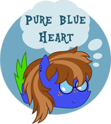 Size: 1139x1273 | Tagged: safe, artist:pure-blue-heart, oc, oc:bluebook, pegasus, pony, colored wings, ear piercing, earring, female, freckles, glasses, jewelry, logo, mare, pegasus oc, piercing, pointy ponies, simple background, thought bubble, transparent background, two toned mane, wings