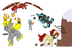 Size: 6000x4000 | Tagged: safe, artist:noxi1_48, oc, oc:glitch, oc:treble pen, bat pony, dragon, pony, undead, unicorn, daily dose of friends, bone, doot, female, life bar, mare, minecraft, mining, musical instrument, on fire, open mouth, pickaxe, running, scared, simple background, skeleton, transparent background, trumpet