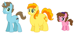 Size: 1280x578 | Tagged: safe, artist:aleximusprime, peachy pie, oc, oc:allegra, oc:shutter lens, earth pony, pegasus, pony, unicorn, flurry heart's story, g4, fat, female, filly, foal, horn, male, mare, older, older peachy pie, pegasus oc, simple background, smiling, stallion, transparent background, unicorn oc