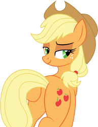 Size: 3922x5077 | Tagged: safe, artist:mlptmntfan2000, applejack, earth pony, pony, g4, applebutt, applejack's hat, butt, butt touch, cowboy hat, female, flank, hat, hoof on butt, lidded eyes, plot, simple background, smiling, solo, transparent background