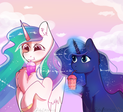 Size: 2200x2000 | Tagged: safe, artist:valkiria, derpibooru exclusive, princess celestia, princess luna, alicorn, pony, g4, chest fluff, cute, drink, duo, duo female, female, high res, milkshake