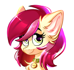Size: 1528x1446 | Tagged: artist needed, safe, roseluck, earth pony, pony, g4, bust, chest fluff, collar, commission, commissioner:doom9454, cute, ear fluff, looking at you, pet tag, pony pet, portrait, rosepet, simple background, smiling, smiling at you, solo, white background
