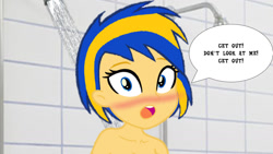 Size: 1147x645 | Tagged: safe, artist:richardchibbard, oc, oc only, oc:flare spark, human, equestria girls, g4, blushing, female, nudity, open mouth, shower, shower head, solo, speech bubble, text, tiles, water