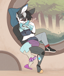 Size: 2202x2650 | Tagged: safe, artist:rexyseven, oc, oc only, oc:whispy slippers, anthro, plantigrade anthro, amputee, clothes, cute, high res, onomatopoeia, pillow, prosthetic leg, prosthetic limb, prosthetics, sleeping, slippers, sound effects, tree, zzz