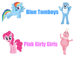 Size: 1272x960 | Tagged: safe, edit, pinkie pie, rainbow dash, cat, dragon, dryad, earth pony, hybrid, pegasus, pony, anthro, plantigrade anthro, g4, anthro with ponies, blue, blue text, cat dragon, crossover, cute, dashabetes, diapinkes, fangs, female, flower, flower bubble, foofa, girly girl, logo, mare, nick jr., pink, pink text, simple background, text, tomboy, toodee, white background, yo gabba gabba!