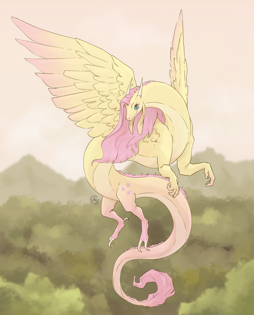 [dragon,dragonified,flutterdragon,fluttershy,looking at you,safe,species swap,wings,smiling,smiling at you,feathered wings,artist:lyrebones]