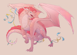 Size: 2275x1620 | Tagged: safe, artist:lyrebones, pinkie pie, dragon, g4, dragonified, looking at you, open mouth, pinkiedragon, species swap, streamers