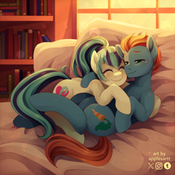 Size: 3000x3000 | Tagged: safe, artist:applesartt, sonata dusk, oc, oc:smoothie, earth pony, pony, g4, bed, bookshelf, canon x oc, cuddling, cute, eyes closed, female, high res, looking at someone, lying down, male, on back, on bed, ponified, shipping, smiling, smoonata, straight