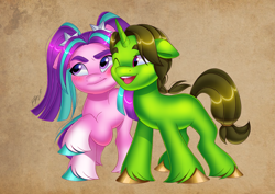 Size: 4961x3508 | Tagged: safe, artist:haruh_ink, aria blaze, oc, oc:tokamak, earth pony, pony, unicorn, comic:we will be adored, g4, g5, annoyed, blushing, canon x oc, cute, female, g4 to g5, generation leap, looking at someone, male, nuzzling, one eye closed, open mouth, open smile, ponified, raised hoof, shipping, signature, smiling, standing, straight, tokamaria, tsundaria, tsundere, unshorn fetlocks