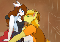 Size: 2048x1423 | Tagged: safe, artist:mscolorsplash, braeburn, oc, oc:color splash, earth pony, pegasus, anthro, g4, bedroom eyes, blushing, breasts, busty oc, canon x oc, cleavage, duo, duo male and female, eyebrows, eyebrows visible through hair, female, floppy ears, looking at you, looking back, looking back at you, looking into each others eyes, male, mare, shipping, stallion, straight