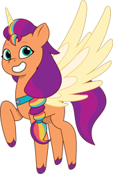 Size: 956x1469 | Tagged: safe, artist:prixy05, sunny starscout, alicorn, earth pony, pony, g5, my little pony: tell your tale, artificial wings, augmented, female, magic, magic wings, mane stripe sunny, mare, race swap, raised hoof, simple background, solo, spread wings, sunnycorn, transparent background, vector, wings