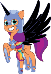 Size: 1027x1482 | Tagged: safe, alternate version, artist:prixy05, sunny starscout, alicorn, earth pony, pony, g5, my little pony: tell your tale, black wings, clothes, cosplay, costume, female, hoof shoes, mane stripe sunny, mare, nightmare moon armor, nightmare night costume, nightmare sunny, princess shoes, raised hoof, simple background, solo, transparent background, vector, wings