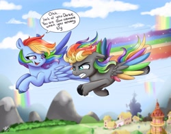 Size: 4784x3757 | Tagged: safe, artist:galaxy swirl, rainbow dash, oc, oc:dark rainbow, pegasus, pony, g4, absurd resolution, blurry background, canon x oc, cloud, commission, darsh, dialogue, duo, duo male and female, female, flying, male, mare, mountain, multicolored hair, pegasus oc, ponyville, ponyville town hall, rainbow hair, rainbow trail, rainbow waterfall, shipping, sky, stallion, straight, text, tree, twilight's castle, wings