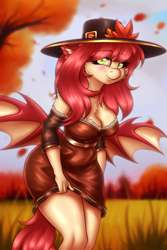 Size: 4000x6000 | Tagged: safe, alternate version, artist:shad0w-galaxy, oc, oc only, oc:airi, bat pony, anthro, absurd resolution, autumn, bat wings, blurry background, blushing, breasts, cleavage, clothes, commission, dress, female, hat, leaves, looking at you, mare, multiple variants, smiling, solo, tree, wings, ych result