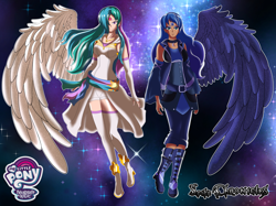 Size: 13432x10056 | Tagged: safe, artist:cmacx, princess celestia, princess luna, human, g4, dark skin, ear piercing, humanized, jewelry, one wing out, piercing, royal sisters, siblings, sisters, stars, wings