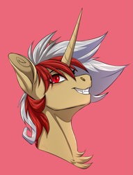 Size: 1651x2163 | Tagged: safe, artist:1an1, oc, oc only, pony, unicorn, bust, red background, simple background, solo