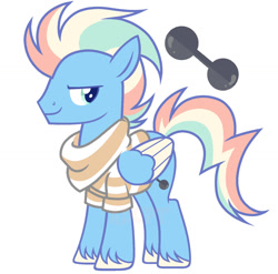 Size: 1280x1267 | Tagged: safe, artist:vi45, oc, oc only, pegasus, pony, g4, blue coat, blue eyes, blue fur, clothes, male, multicolored hair, multicolored mane, multicolored tail, shirt, simple background, solo, stallion, tail, unshorn fetlocks, white background
