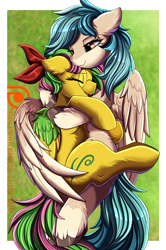 Size: 1554x2338 | Tagged: safe, artist:pridark, oc, oc only, oc:biolachan breeze, oc:peacher, pegasus, pony, cuddling, duo, female, glasses, hug, passepartout, pegasus oc, snuggling