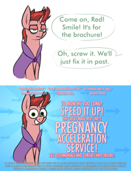 Size: 1826x2394 | Tagged: safe, artist:moonatik, oc, oc only, oc:red line, pony, unicorn, 2 panel comic, abstract background, advertisement, cape, clothes, comic, dialogue, fake smile, female, horn, mare, smiling, solo, text, unicorn oc